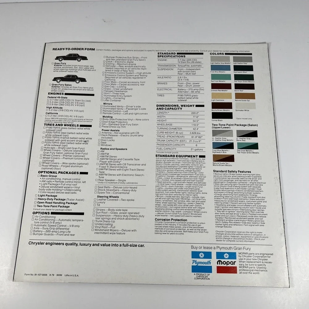 1980 PLYMOUTH GRAN FURY Sales‎ Catalog Brochure Booklet